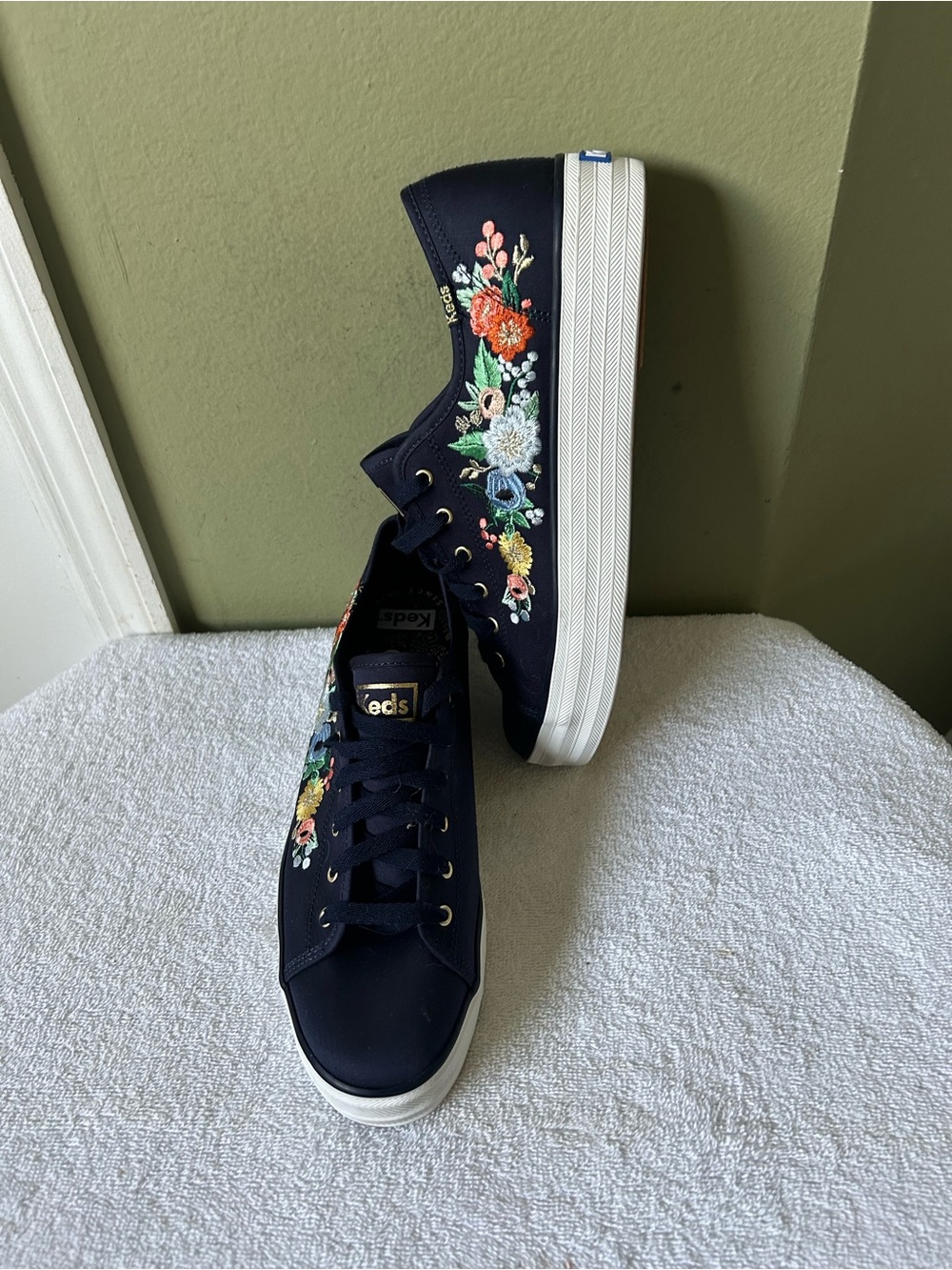 Keds Rifle Paper Co.Navy Canvas Sneakers with Multicolor Floral Embroidery